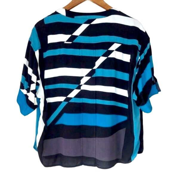 Derek Lam for Design Nation Abstract Geometric Teal & Black Striped Blouse Sz L - Picture 10 of 11